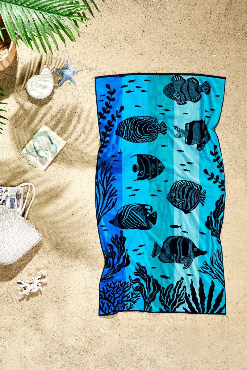 Sea Life Design Beach Towel - 500GSM 100% Turkish Cotton & Sand-Free